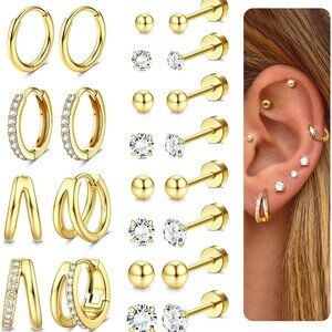 Gold Stainless Steel Hoop Earrings Set with Cubic Zirconia for Sensitive Ears, D